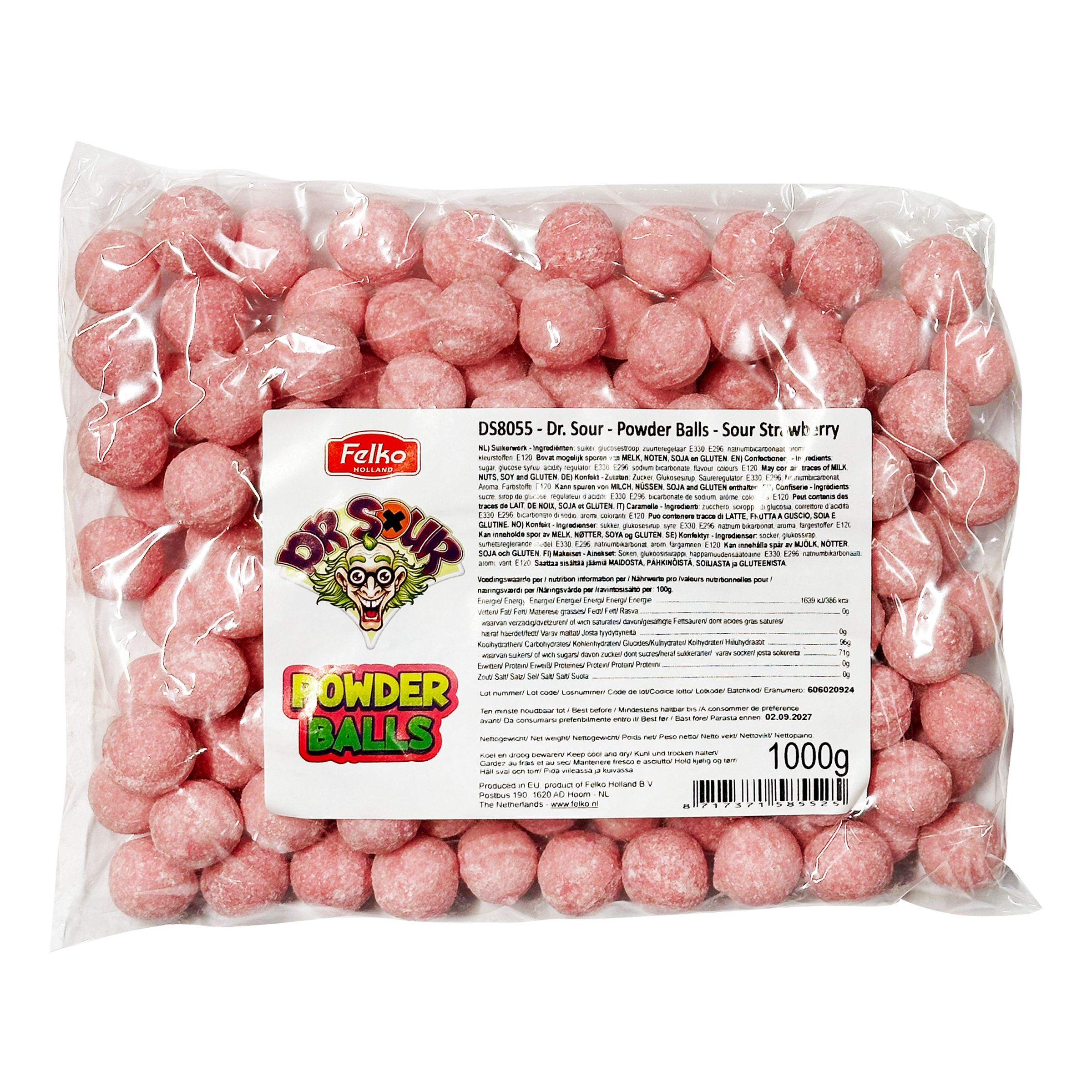 Dr Sour Powder Balls Sour Strawberry Økonomipakke - 1 kg