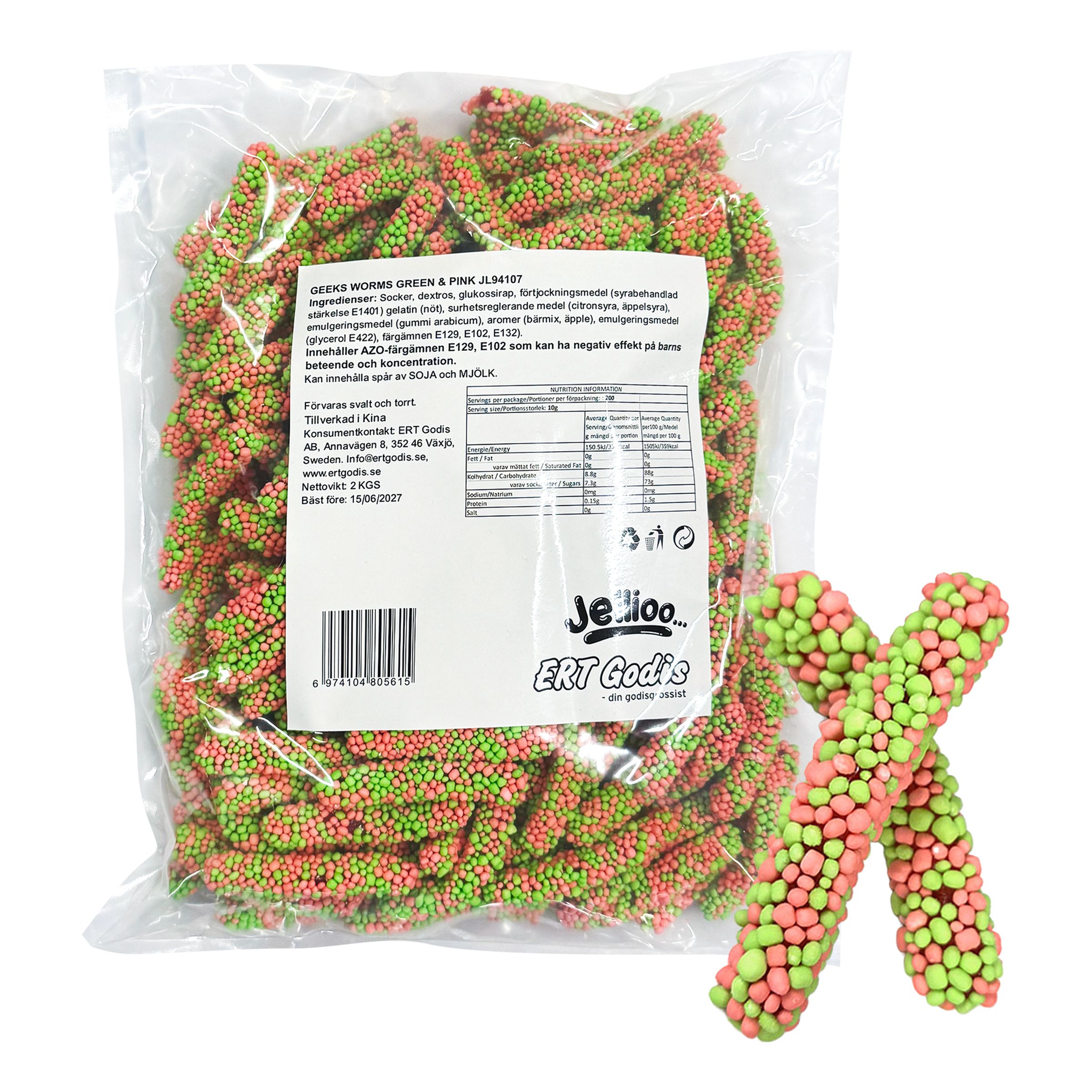 Jellioo Geeks Worms Grøn & Lyserød Økonomipakke - 2 kg